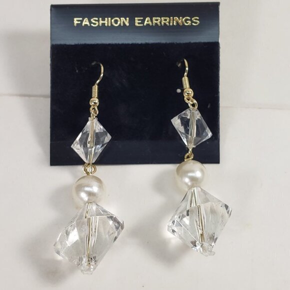 Clear Twisted Bead Drop Earrings w/ Off-White Accent Modern Statement Dangle - Picture 5 of 8